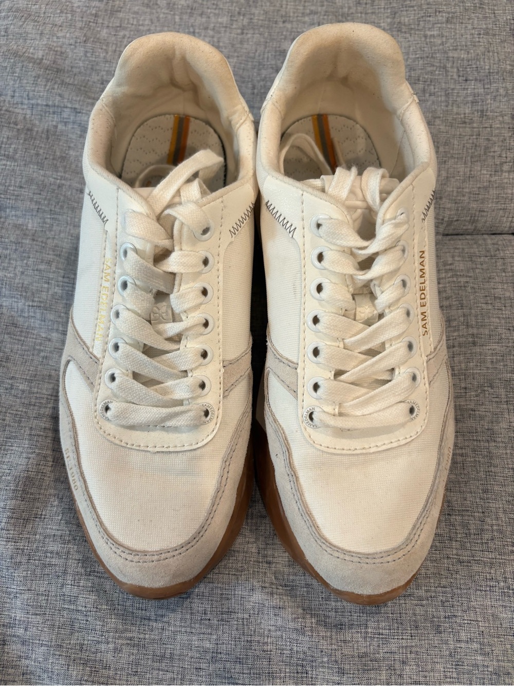 Sam Edelman Women’s White Canvas & Grey Suede Low-Top Sneakers